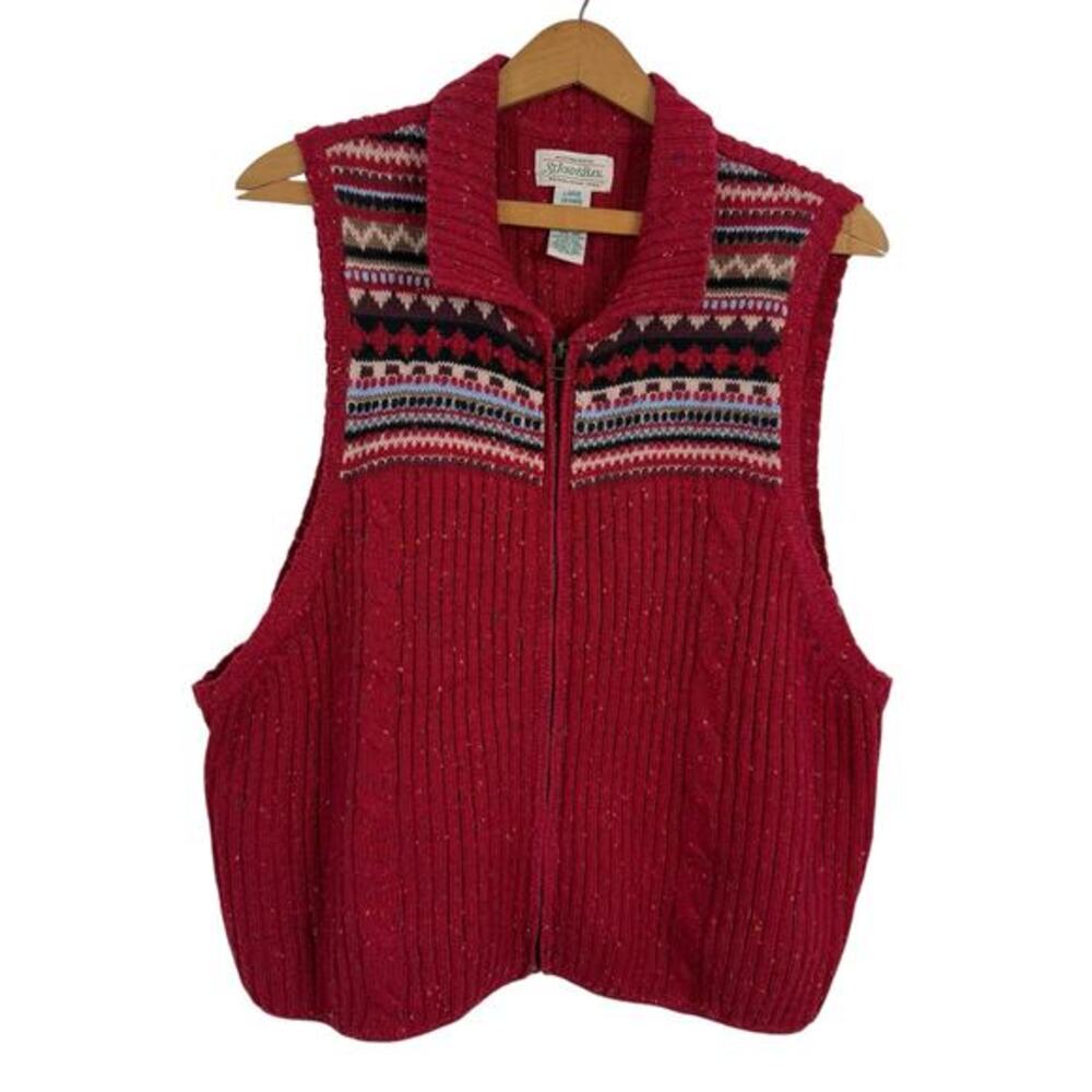 Vintage St John's Bay Women Wool Blend Vest Size Large Full Zip Fair Isle Preppy